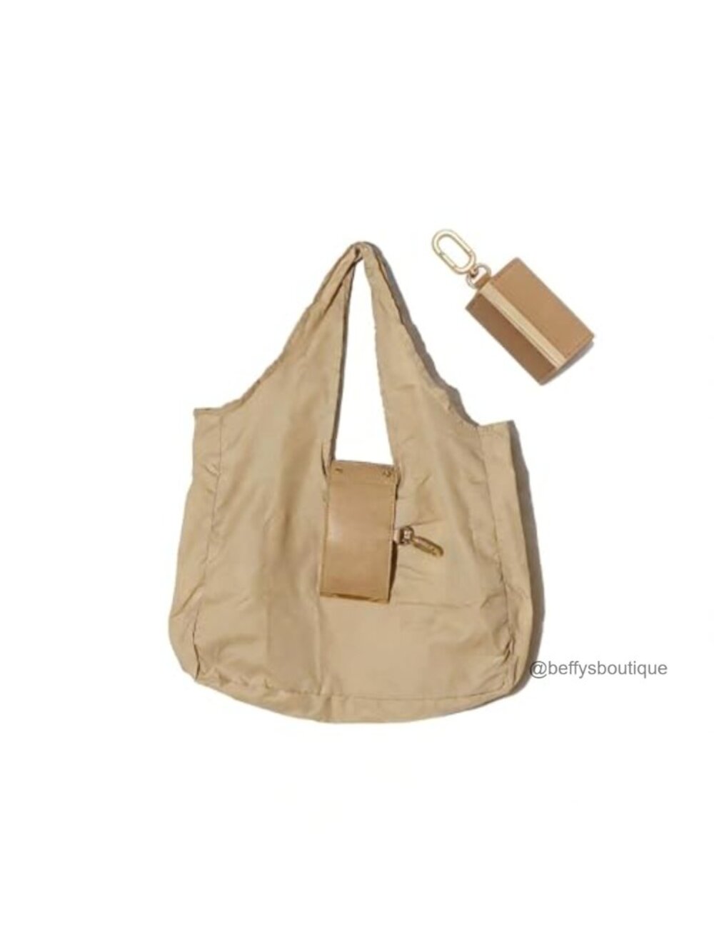 Foldable Keychain Tote Bag Pebbled Vegan Leather Nylon Water Resistant